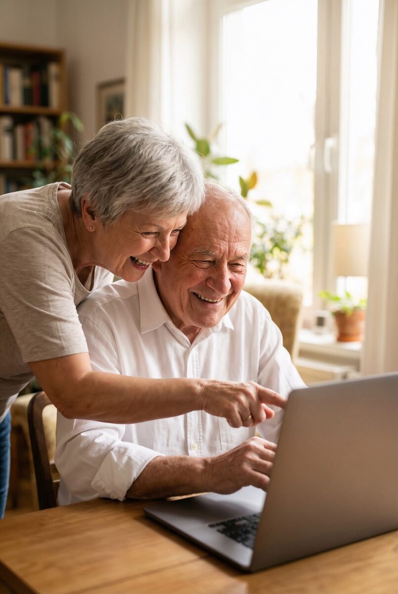 Photo by geralt seniors, couple, laptop, technology, laughing, togetherness, home, internet, browsing, digital, retirement, happy, pointing, connection, lifestyle, silver, discovery, love, indoor, communication, ai generated
